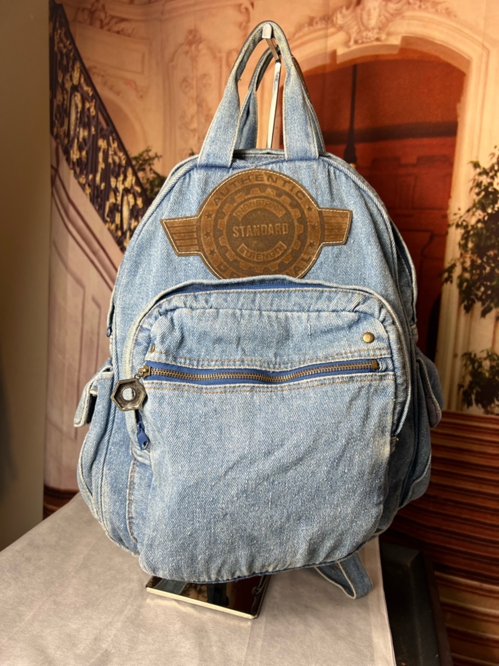 Vintage Gitano Blue Denim Backpack, top zip, front zip compartments, side pocket